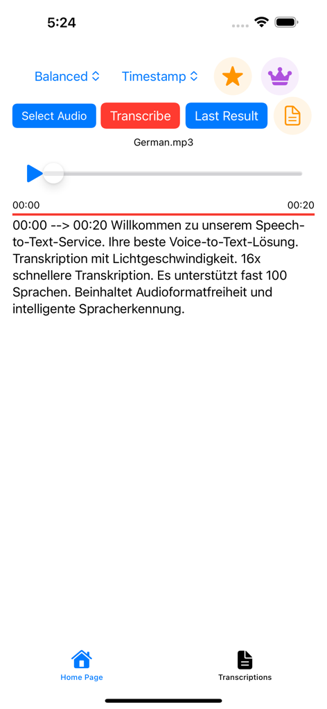 Transcribe , Audio To Text - German audio transcription screen with timestamps in the Transcribe app