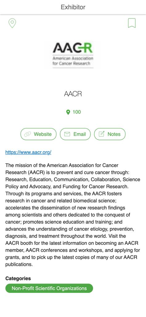 AACR Meetings - A screenshot of an exhibitor profile in the AACR Meetings app showing booth location, website, email, and description.
