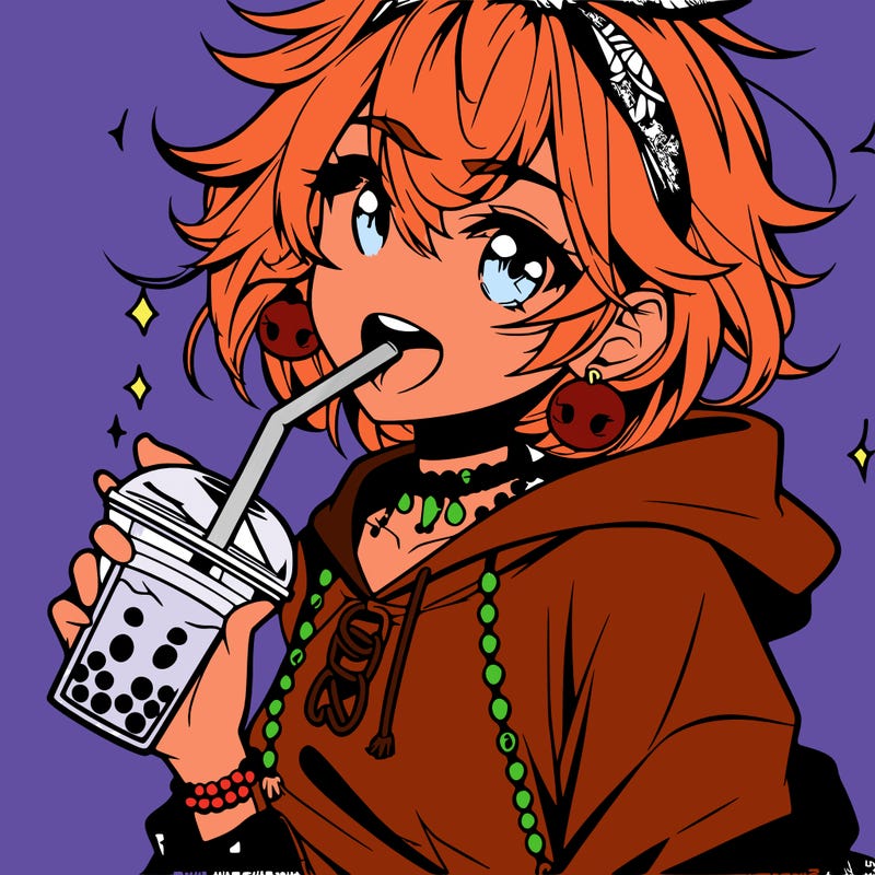 hot baddie anime girl drinking boba and biting the straw