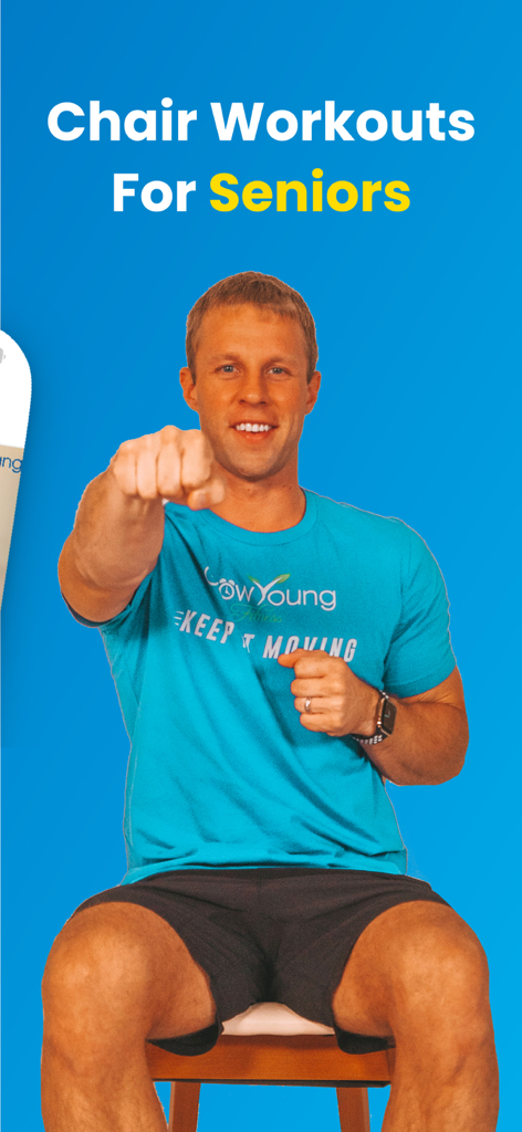 Grow Young Fitness - A man demonstrating a chair-based exercise for seniors on the Grow Young Fitness app