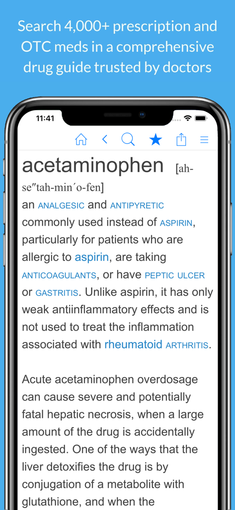 Medicine Dictionary - A mobile screenshot showing a detailed medical definition for acetaminophen in the Medicine Dictionary app.