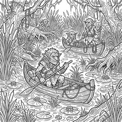 Journey into a fantastical marsh with our intricate Swamp Goblins coloring page, perfect for teens. Unleash your creativity and bring this adventurous scene of goblins in their boats to vibrant life.