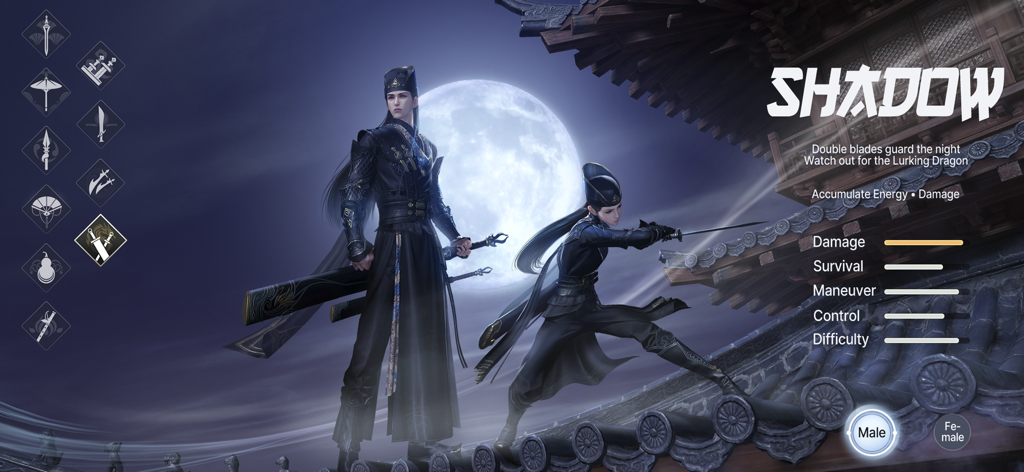 Shadow class selection screen in Moonlight Blade Mobile showing male and female characters in black martial arts outfits on a rooftop.