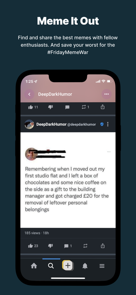 Minds.com - Smartphone screen displaying the Minds social media app with a meme post under the title Meme It Out.