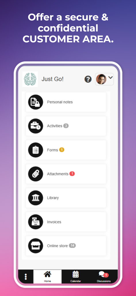 Interface of the Cognito App displaying a secure and confidential customer area for coaching clients