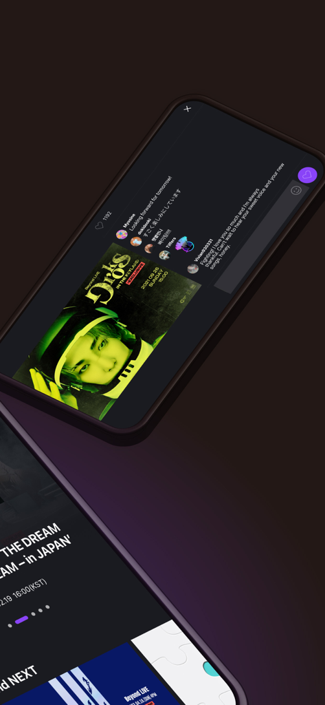 Bildschirm eines Smartphones, das die Live-Chat-Funktion der Beyond LIVE-App während eines Konzerts zeigt