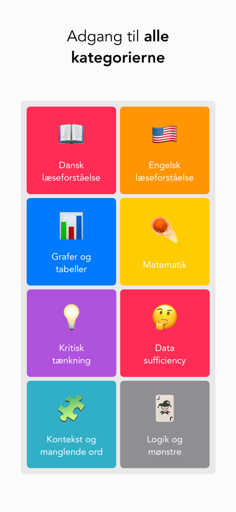 Kvote 2 Quiz - Un affichage en grille de huit catégories d'études pour la préparation à l'examen d'entrée Kvote 2, y compris la logique mathématique et la compréhension de lecture