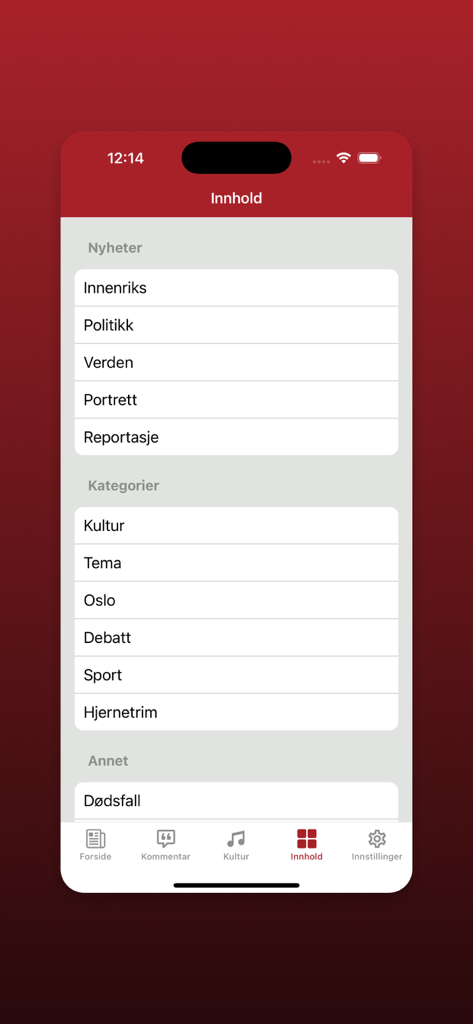 A menu screen from the Dagsavisen mobile app showing various news categories in Norwegian like politics and culture.