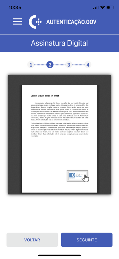 Interface of the Autenticação Gov app showing the digital signature step for a document