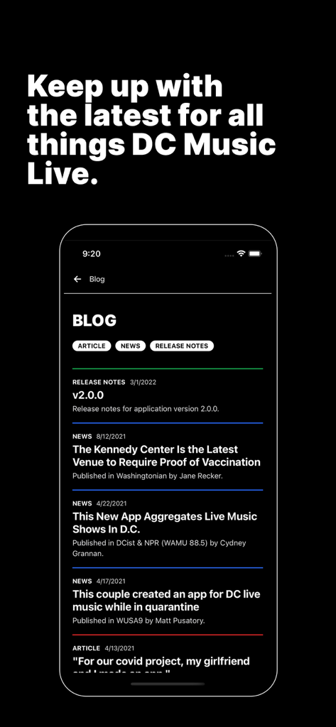DC Music Live - DC Music Live app blog screen showing music industry news and app release notes