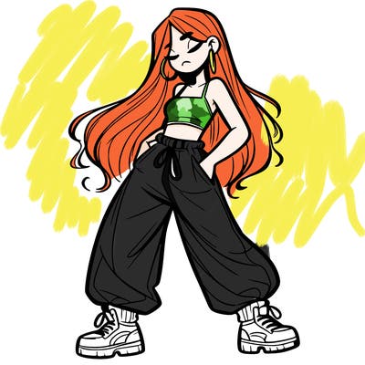 girl in baggy pants crop top and long hair