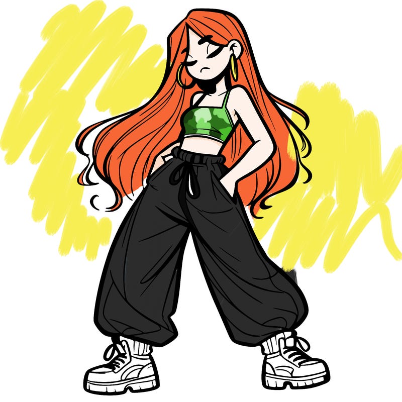 girl in baggy pants crop top and long hair