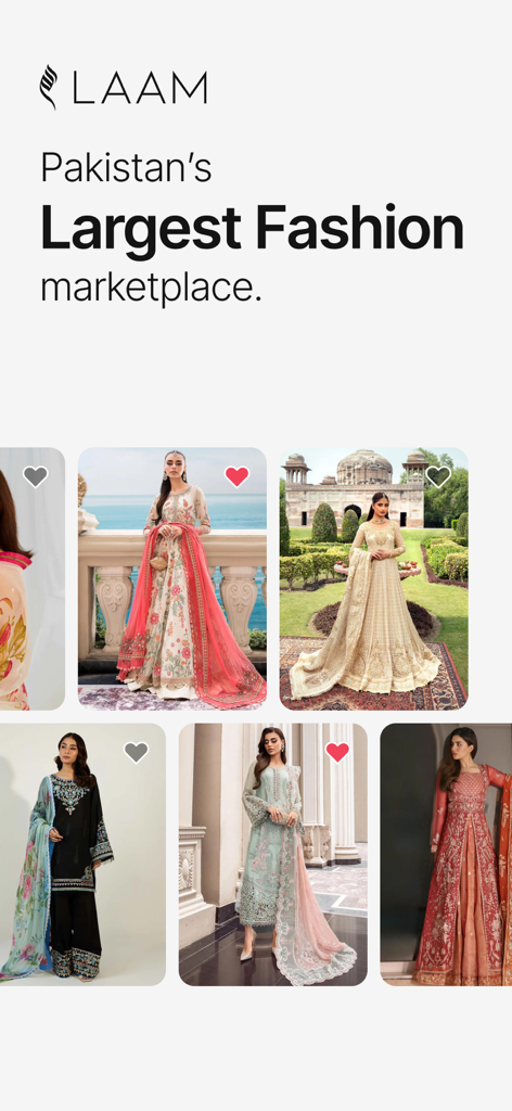 LAAM app interface showcasing a variety of luxury Pakistani designer ethnic and bridal dresses