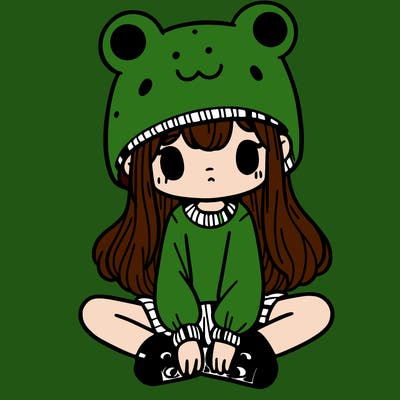 a girl wearing a frog hat and some frog socks