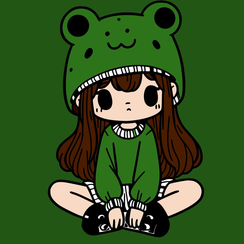 a girl wearing a frog hat and some frog socks