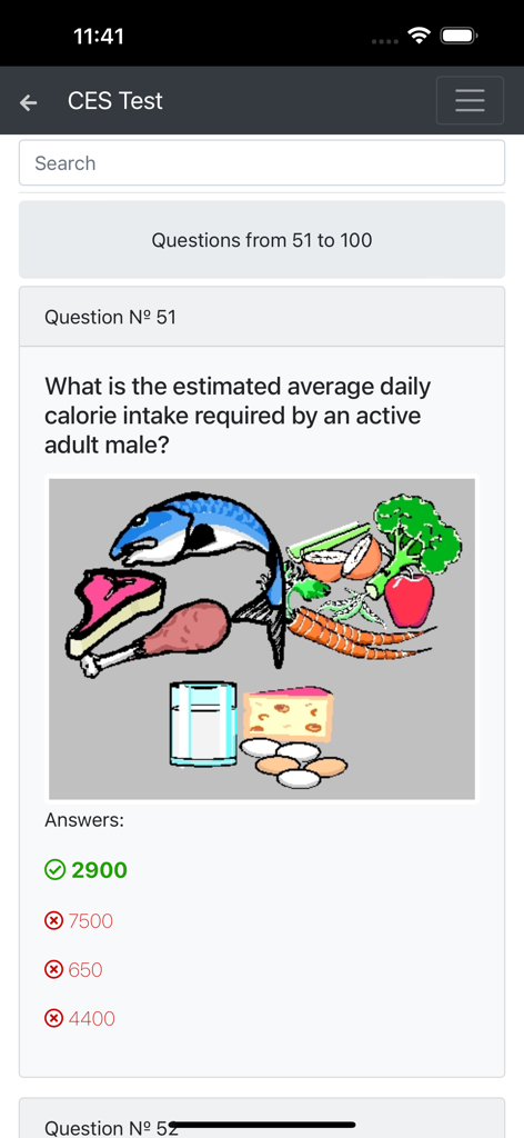 Catering. Cook Detailed CES - Übungstestfrage in der Catering Cook Detailed CES App, die nach der durchschnittlichen täglichen Kalorienaufnahme für einen aktiven erwachsenen Mann fragt.