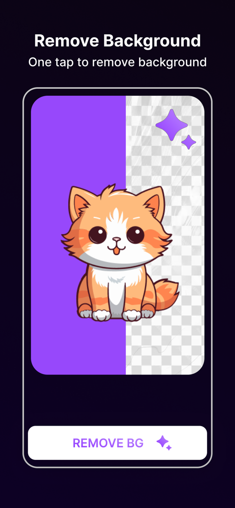 Cava AI Logo Maker: Rebrand - Mobile app interface showcasing the AI-powered one-tap background removal tool for a cat illustration.