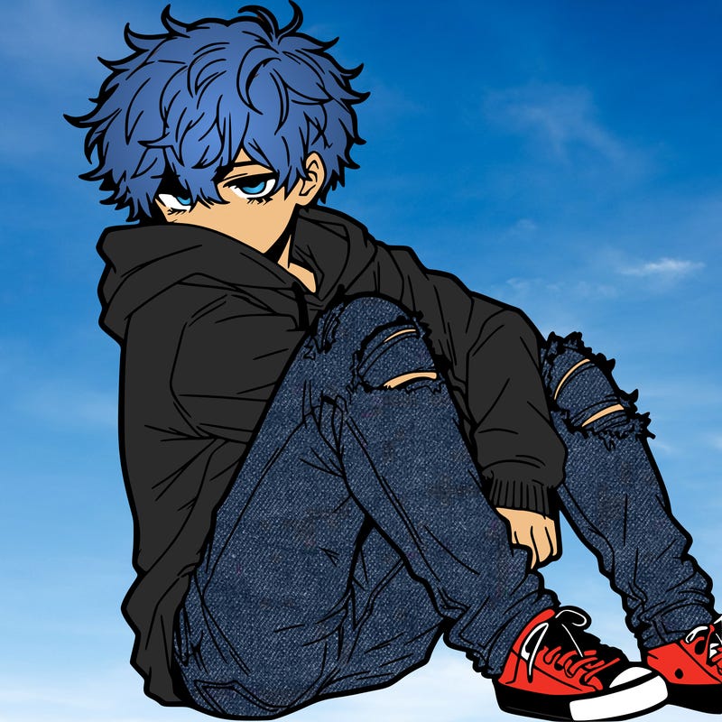 a male hoddie ripped jeans messy hair anime