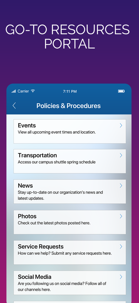 Rave Guardian - Pantalla de la aplicación Rave Guardian que muestra recursos organizacionales como transporte del campus y noticias