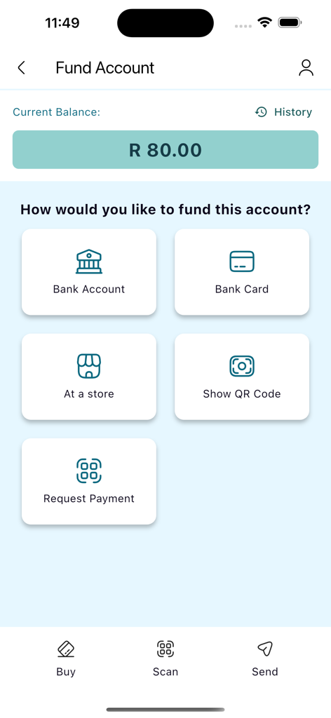 kazam - Pantalla de la interfaz de la aplicación Kazam para fondear una cuenta que muestra múltiples opciones para fondear una cuenta, incluyendo tarjeta bancaria y código QR