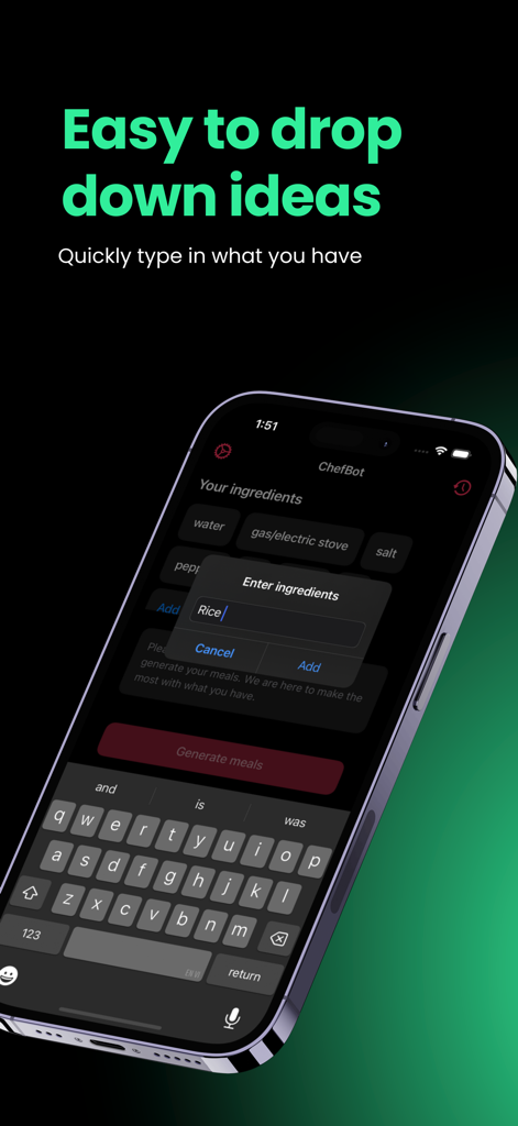 ChefBot - AI-powered recipes - ChefBot app interface for entering ingredients to generate AI-powered recipes