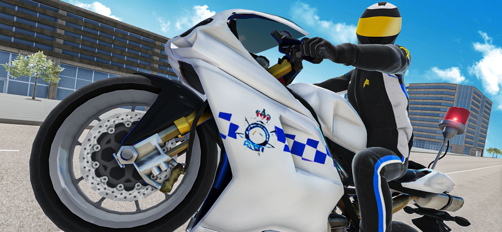 Police Bike City Simulator - A police officer riding a high speed white motorbike through city streets in a simulator game