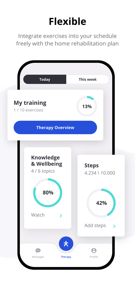Caspar Health mobile App Dashboard, das den Fortschritt des häuslichen Rehabilitations-Trainings und die tägliche Schrittverfolgung anzeigt.
