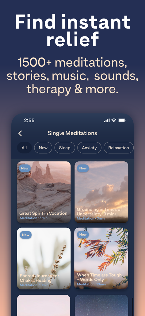 Breethe: Sleep & Meditation - Breethe mobile app interface showing a library of single meditations categorized by sleep anxiety and relaxation