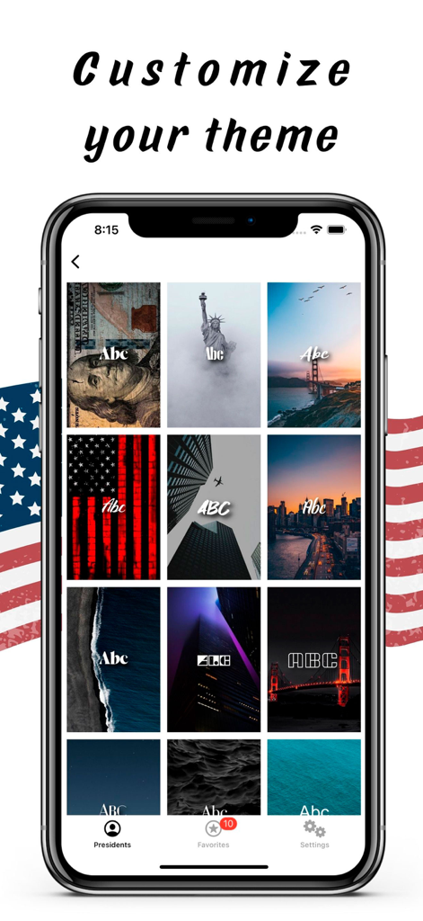 대통령 명언에 대한 사용자 정의 가능한 배경 테마 및 글꼴 스타일 갤러리가 표시된 모바일 앱 화면