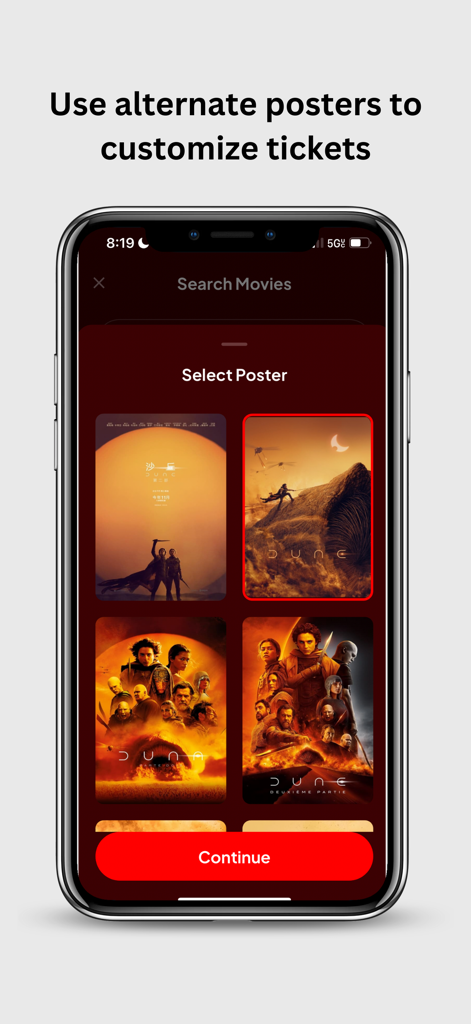 Blast Movie App - Une interface mobile pour l'application Blast Movie montrant une sélection de quatre affiches alternatives différentes pour le film Dune afin de personnaliser un billet de film virtuel.