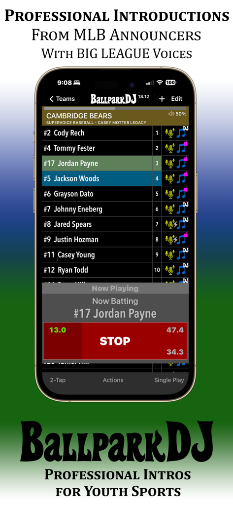 BallparkDJ app screen showing a team roster and a professional walkout introduction in progress for youth sports.