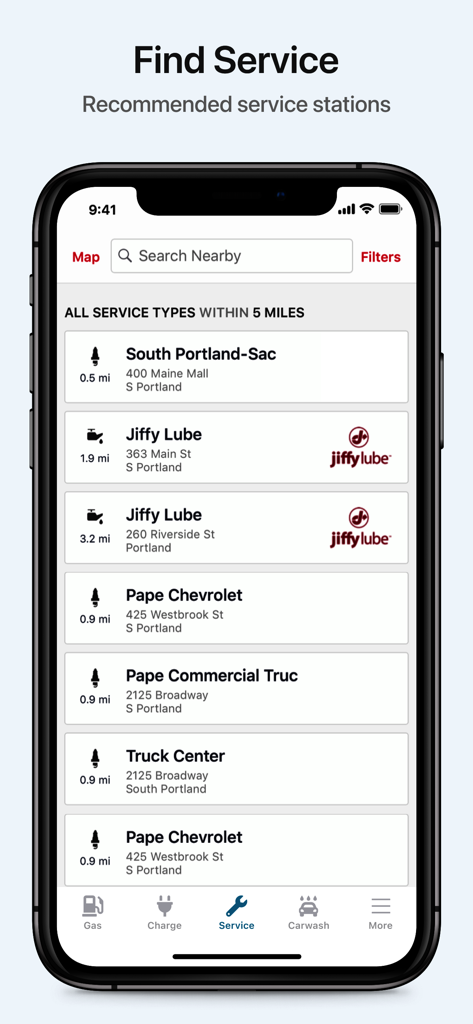 A interface do aplicativo WEX Connect mostrando uma lista de oficinas de veículos próximas recomendadas com distância e informações de contato.