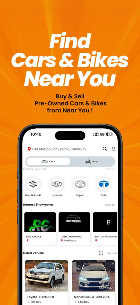 Motomap:Find Used Cars & Bikes - Interfaz de la aplicación móvil Motomap para encontrar y vender coches y motos de segunda mano cercanos