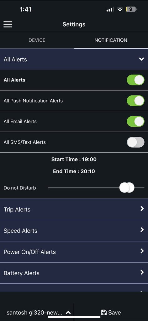 Amcrest GPS Pro notification settings screen showing alert toggles for push email and SMS