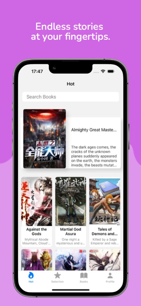 WebNovel - World of Novels - The discovery screen of the WebNovel app showing trending stories and a search bar.