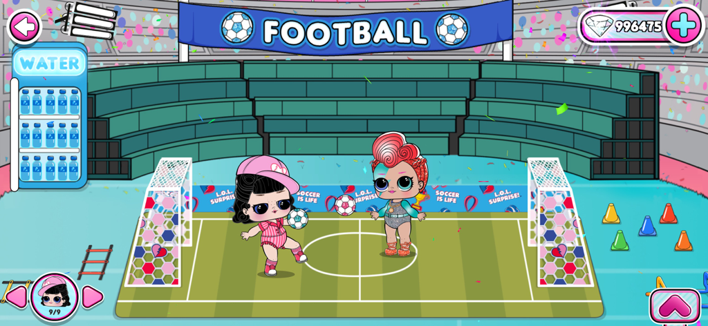 L.O.L. Surprise! Club House - Two LOL Surprise dolls playing soccer on a green pitch within the football workshop