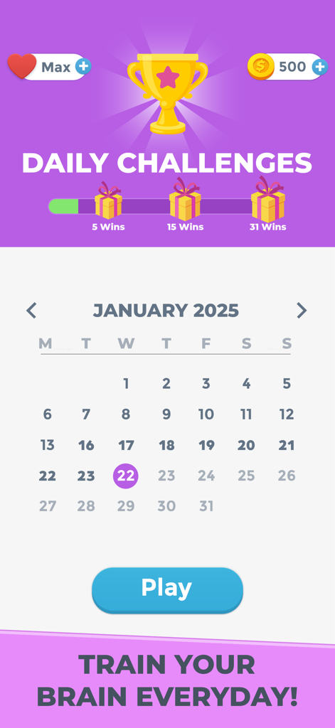 Connections Word Game - Connections Wortspiel-Oberfläche, die tägliche Herausforderungen mit einem Monatskalender und Belohnungen für das Gehirntraining zeigt.