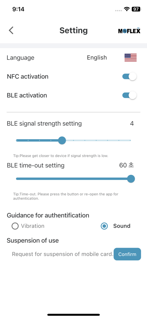 Moflex - The settings interface of the Moflex app showing configuration options for NFC and BLE mobile access control.