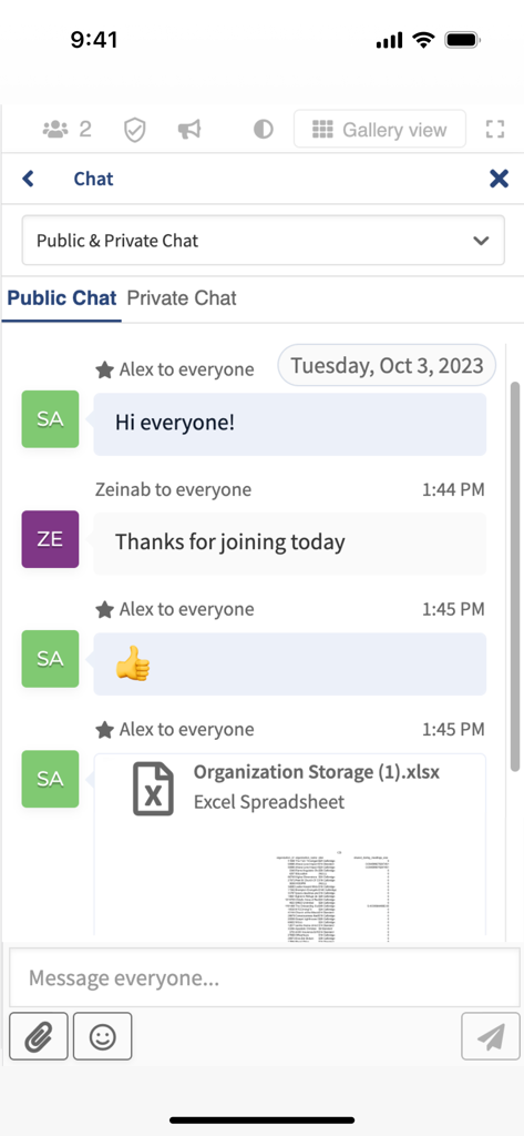 FreeConference.com - Chat interface in the FreeConference app showing text messages and a shared Excel file