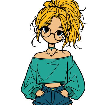 girl with a messy ponytail glasses a baggy crop top and jean shorts