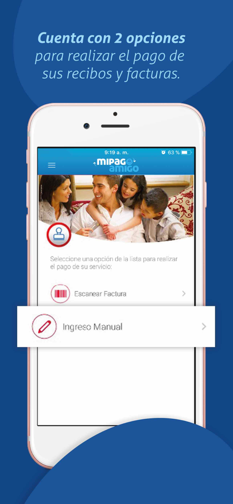 mipagoamigo - Interfaz de la aplicación móvil mipagoamigo mostrando opciones para pagar facturas escaneando una factura o mediante entrada manual