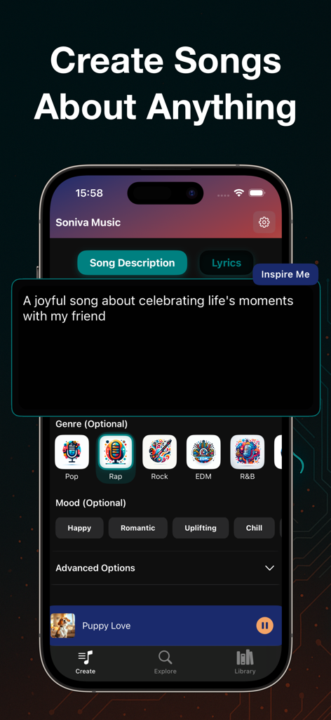 AI Song Maker - Soniva Music - Smartphone screen showing the Soniva Music app interface with AI song creation prompts and genre selection