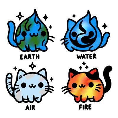 4 cats that represent the different elements, earth, water, air, and fire
