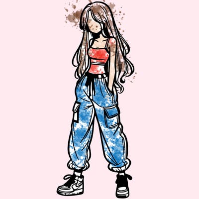 girl in baggy pants crop top and long hair