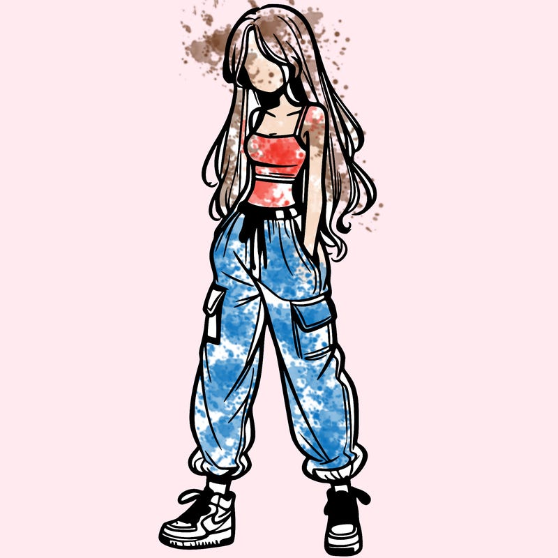 girl in baggy pants crop top and long hair