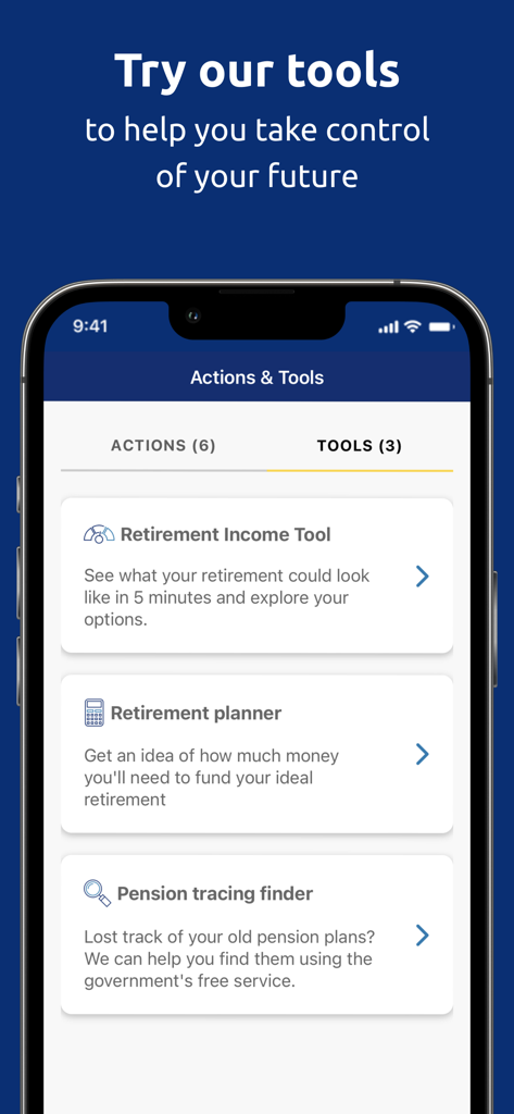 Interface de l'application Standard Life montrant les outils de planification de la retraite, y compris l'outil de revenus de retraite et le localisateur de pension.