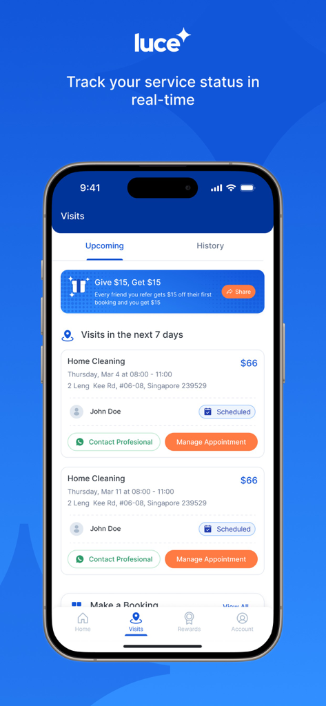 Luce App-Oberfläche, die geplante Haushaltsreinigungstermine und den Echtzeit-Service-Status anzeigt