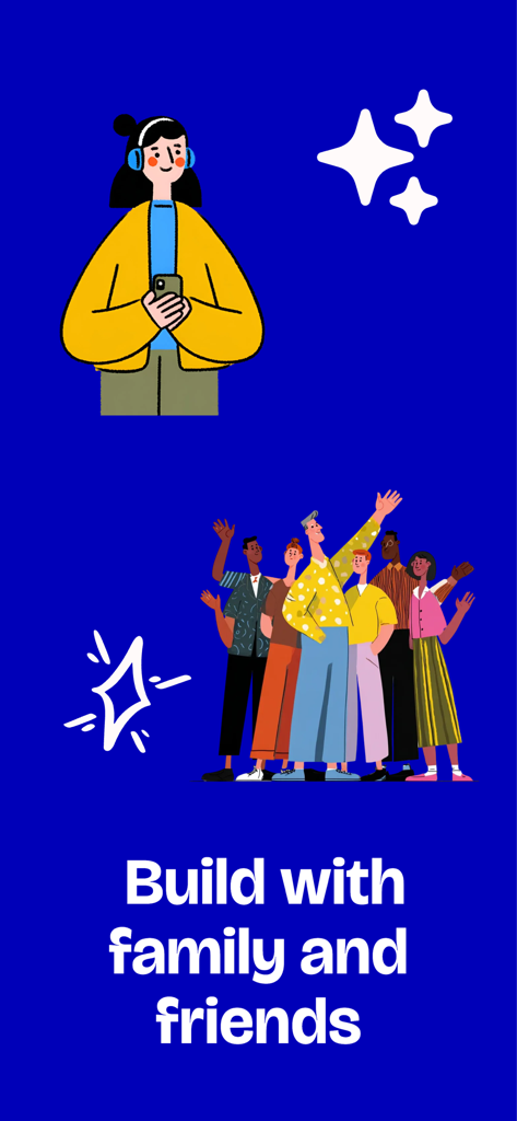 Brickart - Ilustração de um grupo de pessoas com o texto Construa com família e amigos.