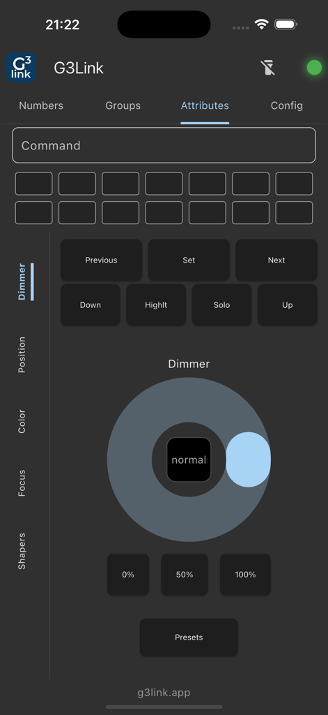 grandMA3 Remote (G3Link) - grandMA3를 위한 조광기 속성 제어 및 탐색 버튼을 보여주는 G3Link 앱 인터페이스.