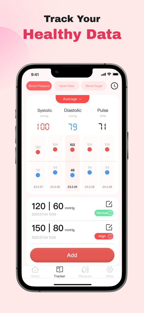 Blood Pressure APP-pulse track - Interfaz de una aplicación de seguimiento de la presión arterial que muestra registros de salud de sístole, diástole y pulso con gráficos de tendencias
